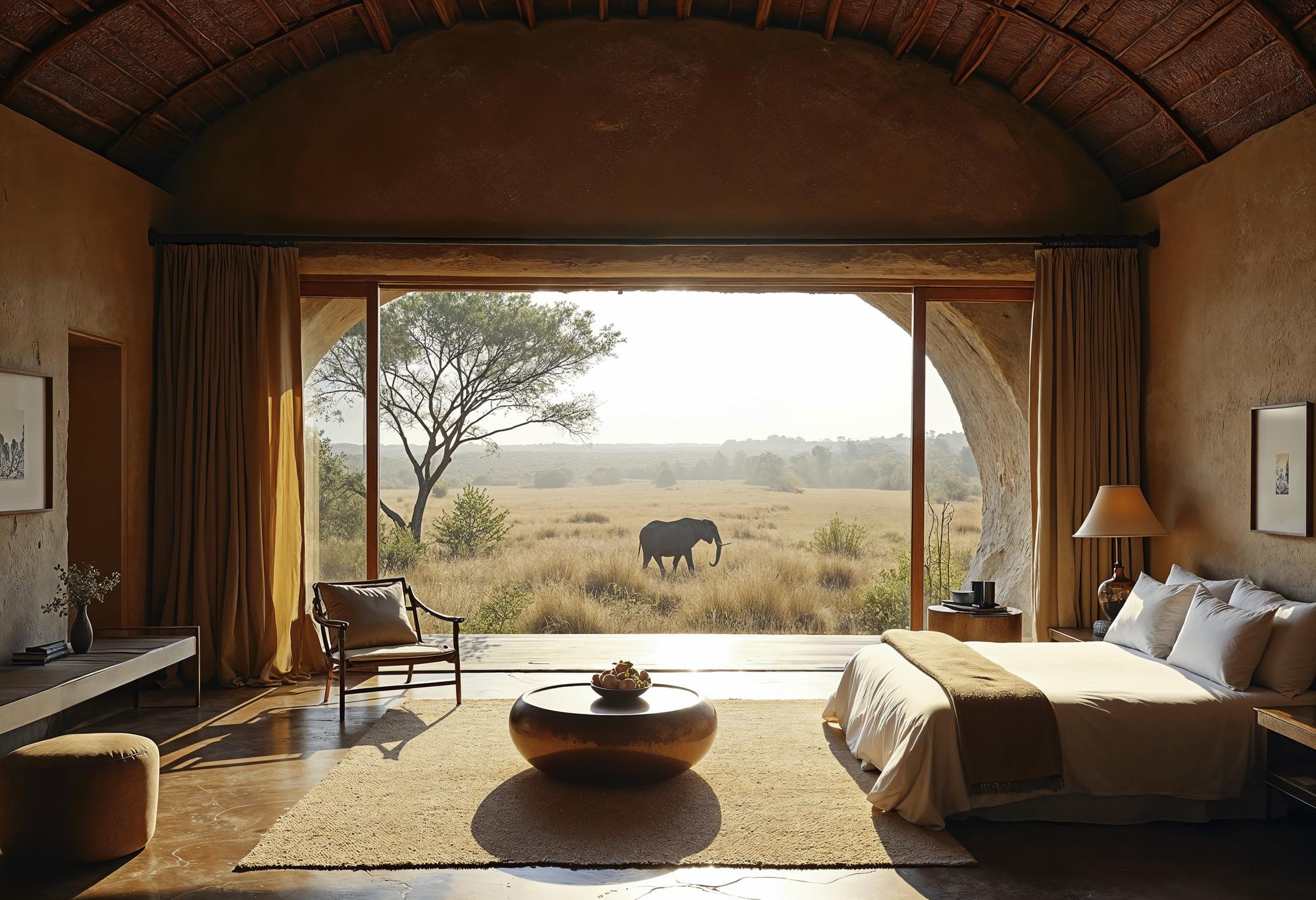 Lodge room opening onto the savanna, with an elephant grazing outside